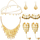 Inbagi Belly Dance Jewelry Set Women Belly Dance Gold Sequins Head Chain Coins Necklace Earrings Bracelets Bohemian Tassel Ankle