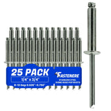 Fastenere Pop Rivets 1/4 x 3/4 (25pcs) Heavy Duty, OpenEnd, Stainless Steel, DomeHead Blind Rivets, CorrosionResistant, H