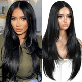 ENCOUNTERU Pre Cut Lace Glueless Wig Wear and Go Black Wigs for Women Layered Synthetic Lace Front Wig with Bangs Pre Plucked 13