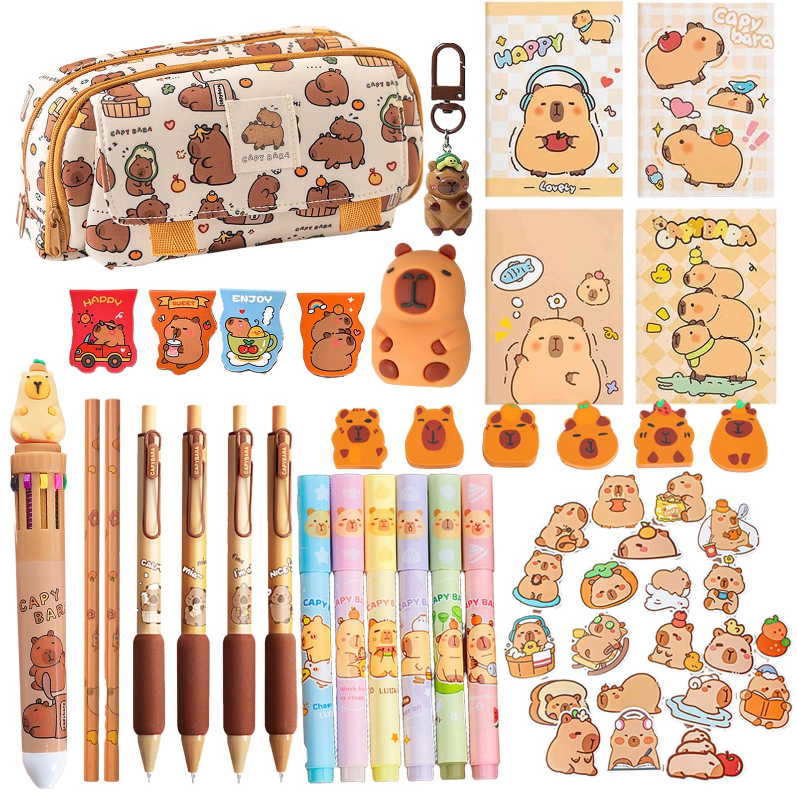 LJJINGXS Cute Capybara Pencil Case Gift Set, Includes Pencil Case,Capybara Ball-Point Pen,Color pen,Eraser,Bookmark,Mini noteboo