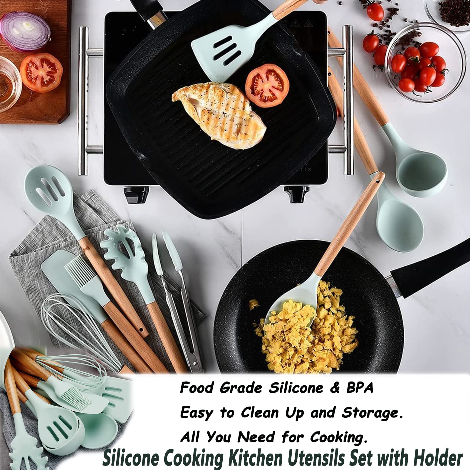 Alitade 12PCS Kitchen Utensil Set Silicone Cooking Utensils Kit Spatula Heat Resistant Wooden Spoons Gadgets Tool for Non-Stick