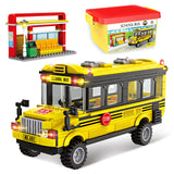 School Bus Building Blocks Set, City School Day Bus Construction Playset with School Bus & Station, Education Learning Roleplay 