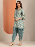 Libas Womens Printed Silk Blend A-Line Kurta With Dhoti Pant Blue L