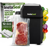 InstaSeal Vacuum Sealer for Food with 12 Bags, Preserves Foods 5x Longer, Space Saving Compact Upright Design Allows Machine to 