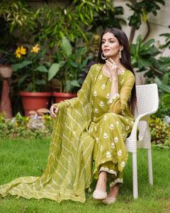 Gosriki Women'S Cotton Blend Embroidered Straight Kurta With Pant & Dupatta (Chakdol-Mahendi-Gs_S_Green_Small),Green,,B0CP2MP24N