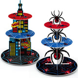 Widecook 2Pcs 3 Tier Hero Party Decorations Spider Cupcake Stand Hero Theme Cupcake Tower Spider Cake Holder Cityscape Table Dis