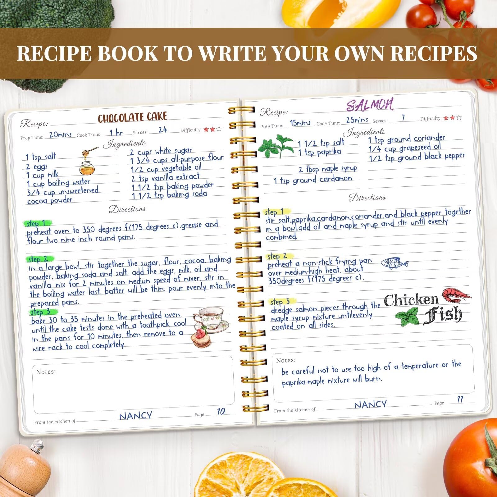 LuBudingJoy Blank Recipe Book to Write in Your Own Recipes. Sprial Hardcover Blank Cookbook, Recipe Journal Hold 150 Recipes(Pea