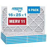 Aerostar 16x25x1 MERV 11 Pleated AC Furnace Air Filter, 6 Pack (Actual Size: 15 3/4x 24 3/4 x 3/4)