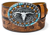 WesternCowboyLeatherBelts For Women TurquoiseOvalBuckle Embossed Belt, Brown, Fit For 2733 Waist