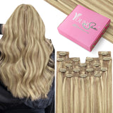 YoungSee 150G Clip in Hair Extensions Human Hair Highlight Clip in Extensions Real Human Hair Warm Ash Blonde Highlights Bleach 