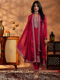 Libas Womens Embroidered Silk Blend Straight Kurta With Palazzos And Dupatta Red Xl