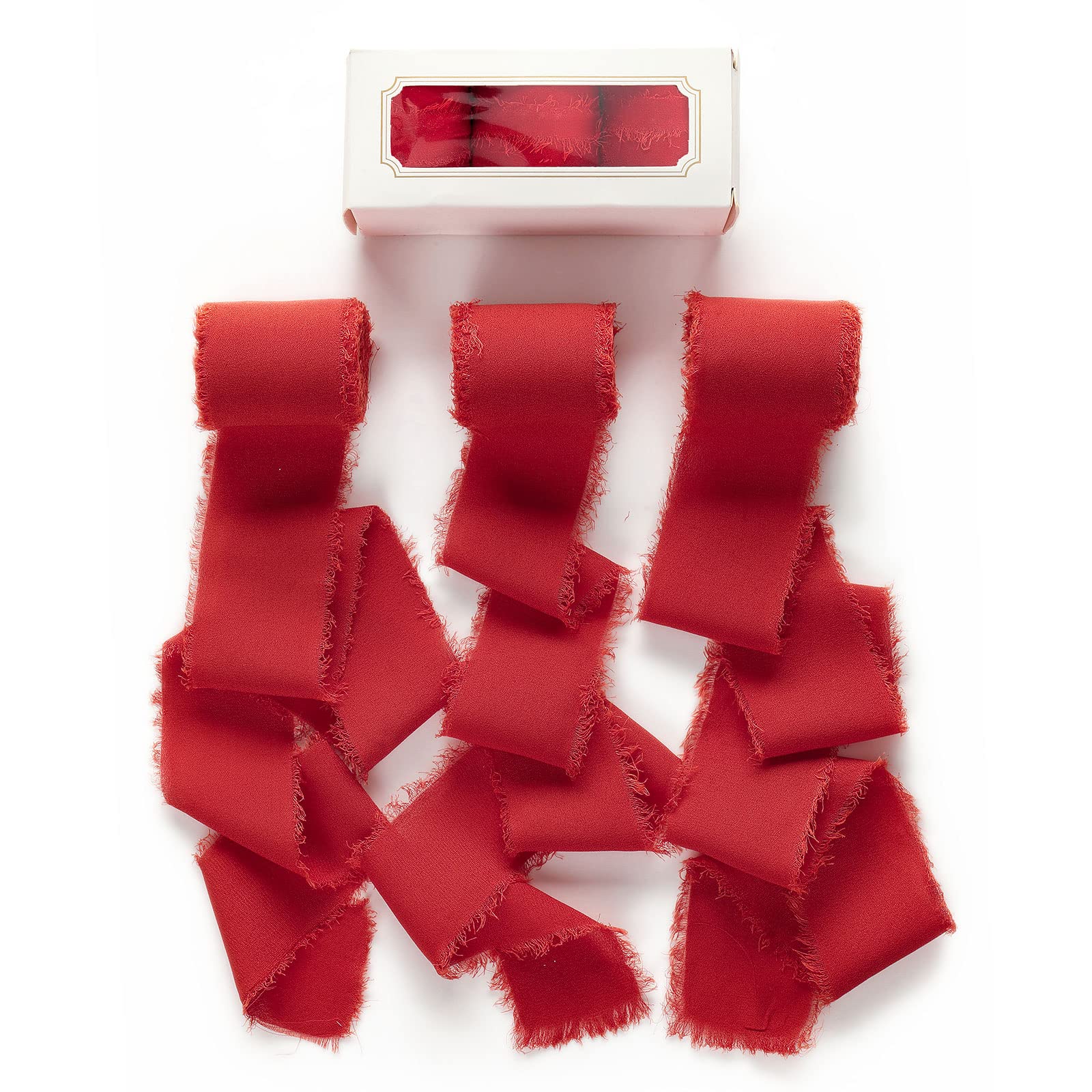 Pretty Jolly Red Chiffon Ribbon for Gift Wrapping 3 Rolls 2 Inch x 7Yd Silk Ribbons Handmade Fringe Fabric Ribbon for Flower Bou