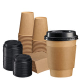 GUSTO [50 Sets 12 oz. Disposable Kraft Coffee Cups with Black Lids, Sleeves - To Go Paper Hot Cups (Formerly Comfy Package)