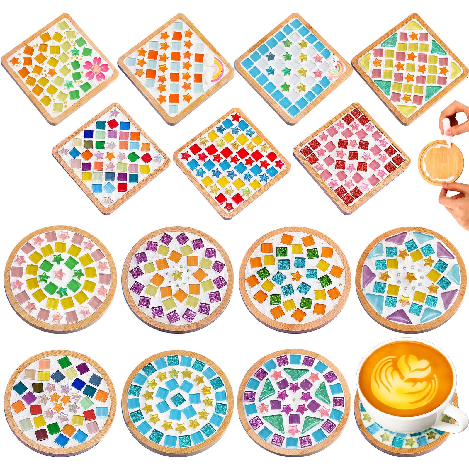 Reallnaive 14 Sets Christmas DIY Mosaic Tiles for Crafts Mixed Color Glass Mosaic Kits Xmas DIY Coasters Kit Make Your Own Stain