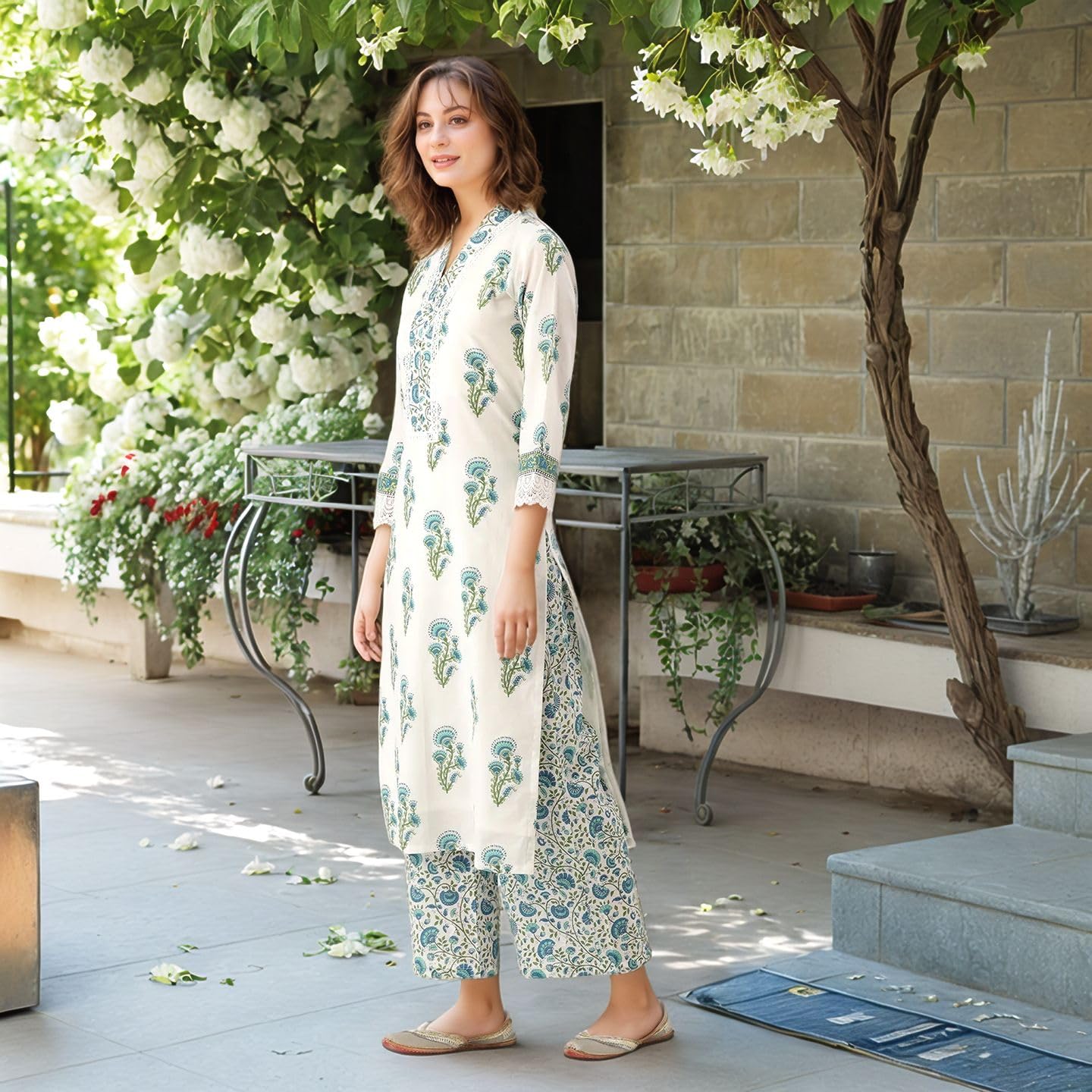 Anni Designer Women'S Rayon Viscose Straight Printed Kurta With Palazzo (Kumbh White_Xl_White_X-Large),White,XL,Rayon Blend,Classic,