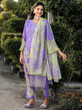 Libas Womens Printed Cotton Straight Kurta With Trousers And Dupatta Lavender L 99057O