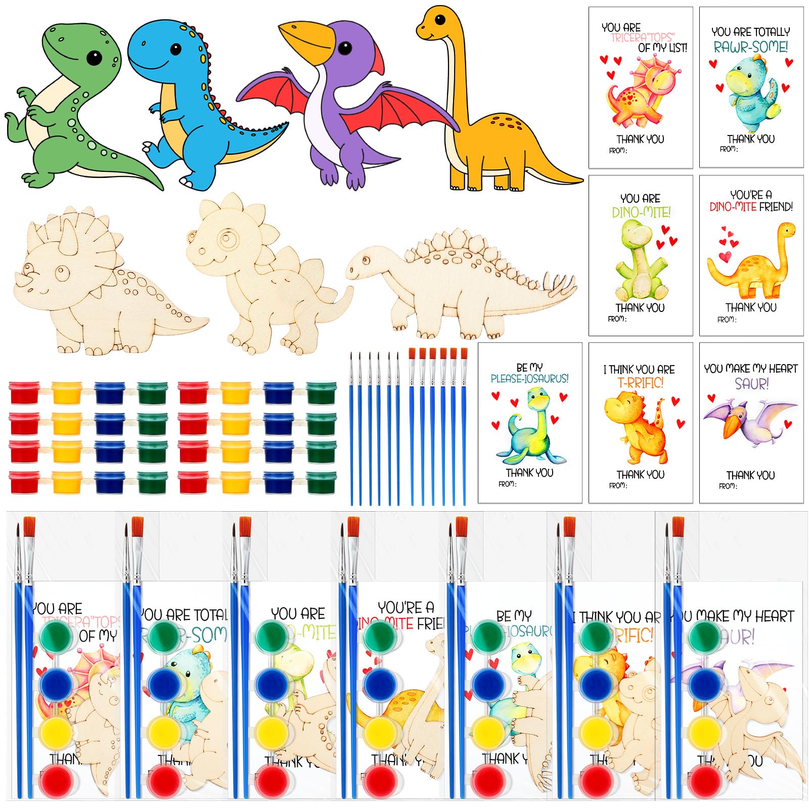 Leinuosen 28 Sets Dinosaur Party Favors Wood Painting Craft Kits with Art Supplies and Inspirational Cards Thank You for Coming 