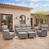 Swivel Patio Chairs sofa Set of 6 - 6 Thick Cushion - Wicker Outdoor Swivel Rocker Patio Chair ,Sofa/Glass coffee table, High Ba
