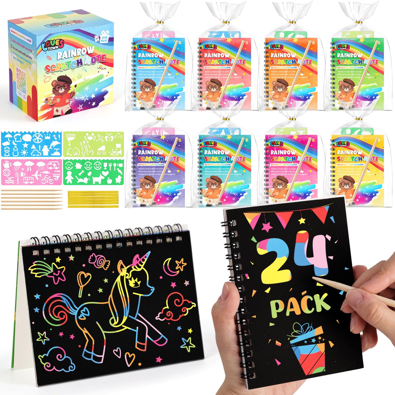 LovesTown 24 Pack Rainbow Scratch Party Favors for Kids: Scratch Art Notebook Students Classroom Prizes Gifts Bulk for Girls Boy