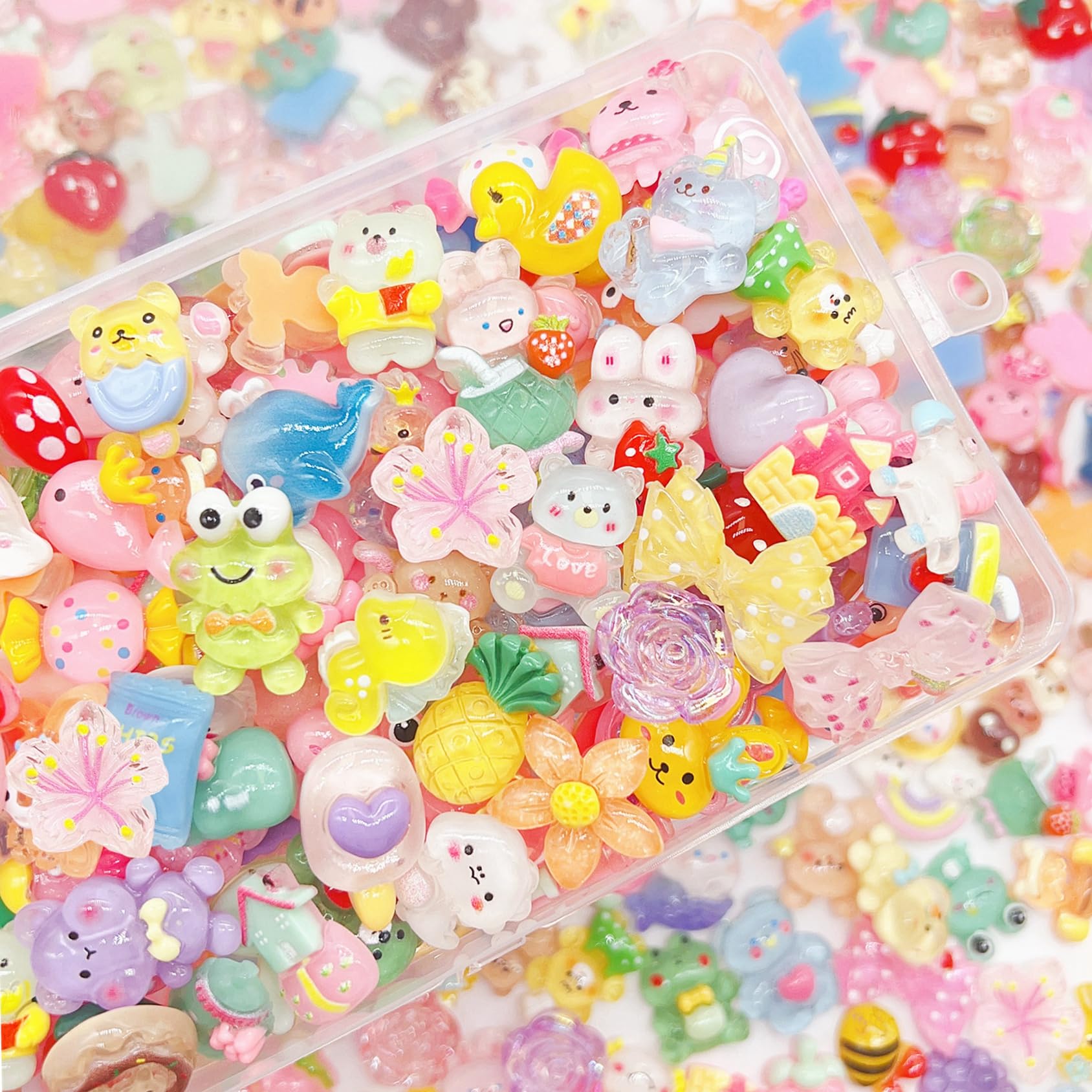 JINDUODUO 120 Pcs Flatback Resin Slime Charms, Bulk Kawaii Assorted Cute Charms Ornaments for Phone Junk Cases, Scrapbooking, DI