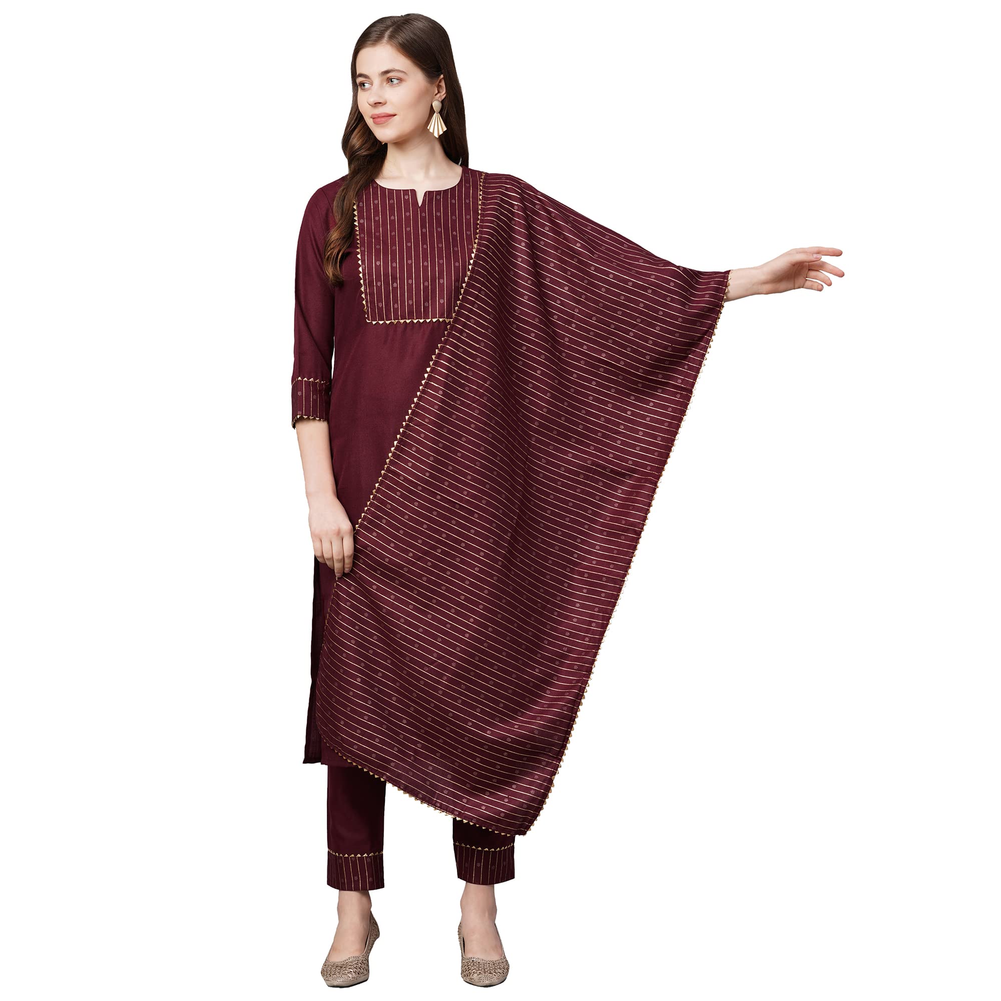 Anni Designer Women'S Cotton Straight Kurta With Pant & Dupatta (Kptd-Cot-10069-Maroon_Xl_Maroon_X-Large),Maroon,XL