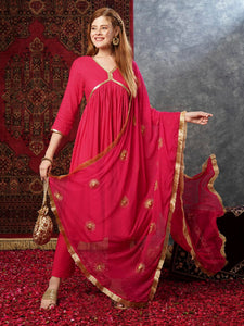 Anni Designer Women'S Cotton Blend Anarkali Printed Kurta With Pant & Dupatta (Shrinika Pink-Jl_Xl_Pink_X-Large),Pink,XL,,,
