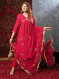 Anni Designer Women'S Cotton Blend Anarkali Printed Kurta With Pant & Dupatta (Shrinika Pink-Jl_Xl_Pink_X-Large),Pink,XL,,,