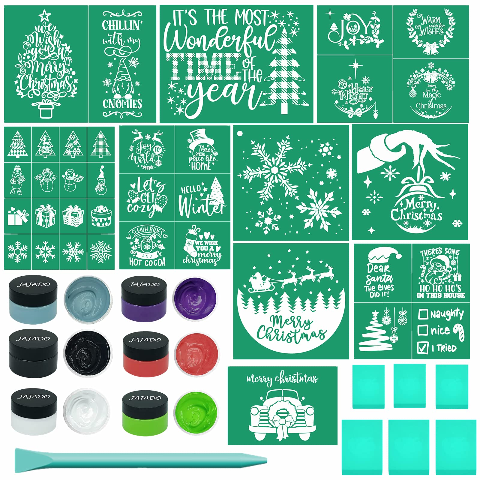JAJADO Silk Screen Stencils Christmas Chalk Paste Starter Kits 23 Pcs, Adhesive Screen Printing Stencils Mesh Transfers Chalk Pa