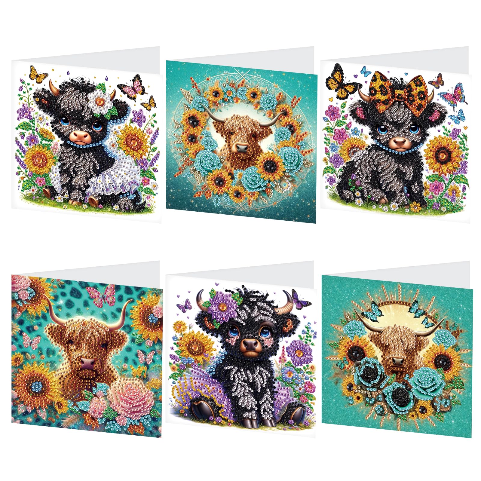 Tontut 6pcs Diamond Art Painting Kit Greeting Card, Sunflower Yellow Cow 5D DIY Diamond Handmade Holiday Greeting Card with Enve