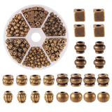 Craftdady 360Pcs Antique Bronze 6 Styles Spacer Beads Tibetan Metal Tiny Column Barrel Round Drum Cube Loose Beads for Jewelry M