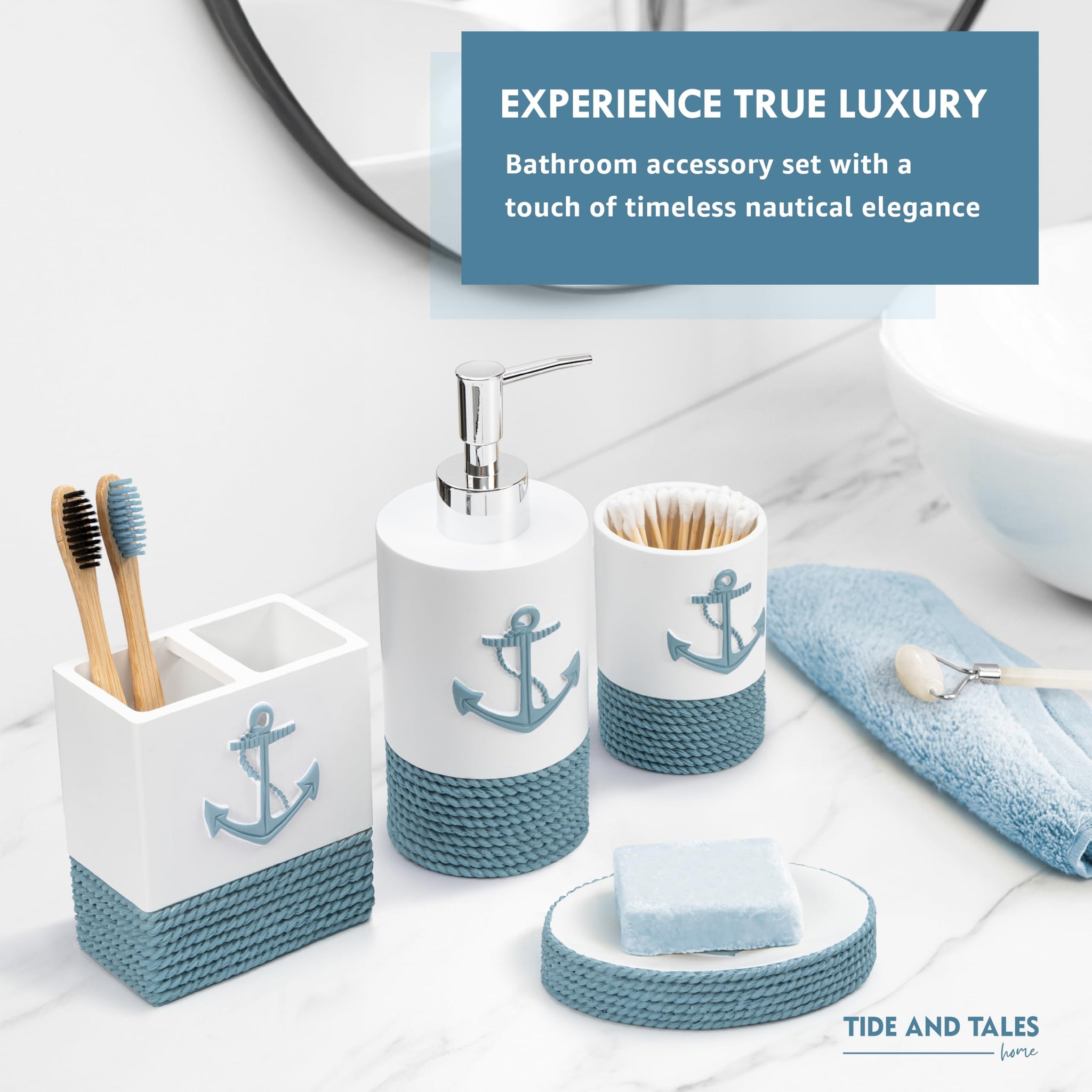 TideAndTales Luxury Nautical Bathroom Accessories Set (4 Piece) Rope and Anchor Beach Bathroom Decor with Ocean and Sea Theme De