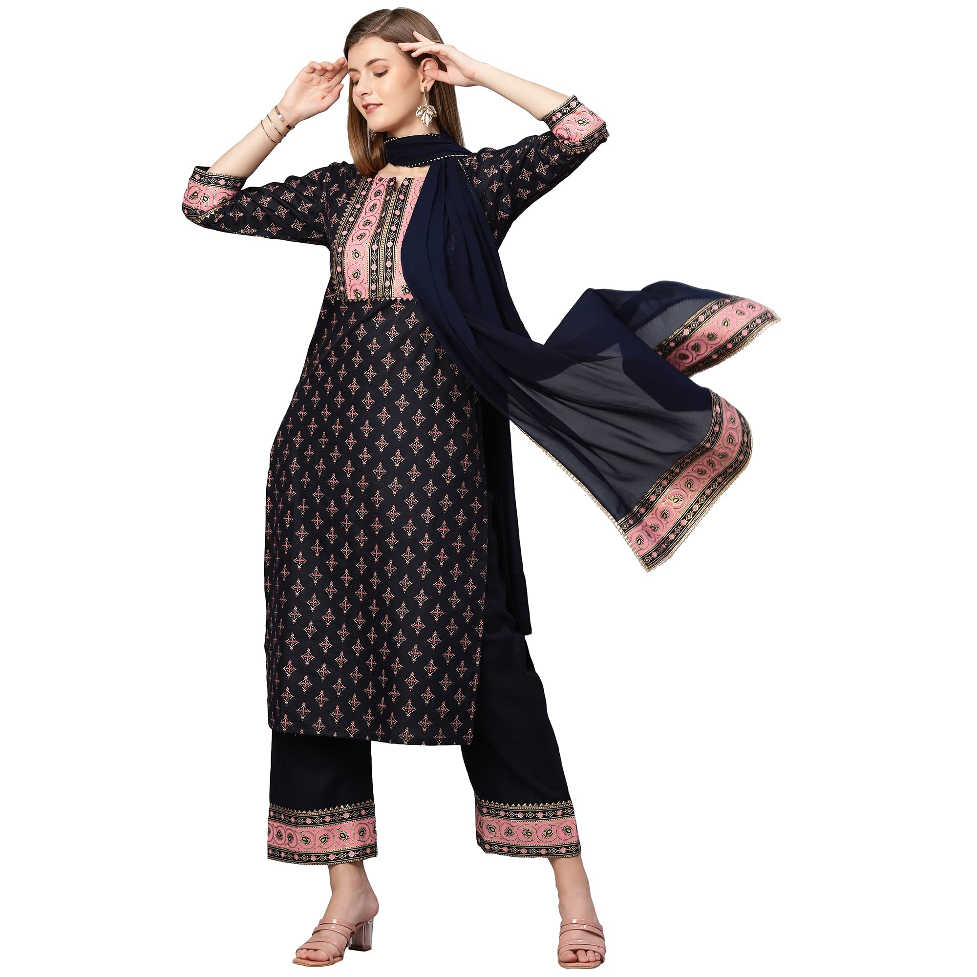 Anni Designer Women'S Cotton Blend Straight Kurta With Palazzo & Dupatta (Deep Black_Xxl_Black_Xx-Large),Black,2XL