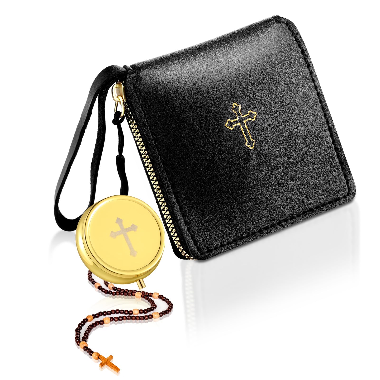 Huhumy 2 Pcs Leather Communion Purse for Pyx with Gold Latin Cross Container Catholic Budded Gold Toned Case Cross Pyx Bag for C
