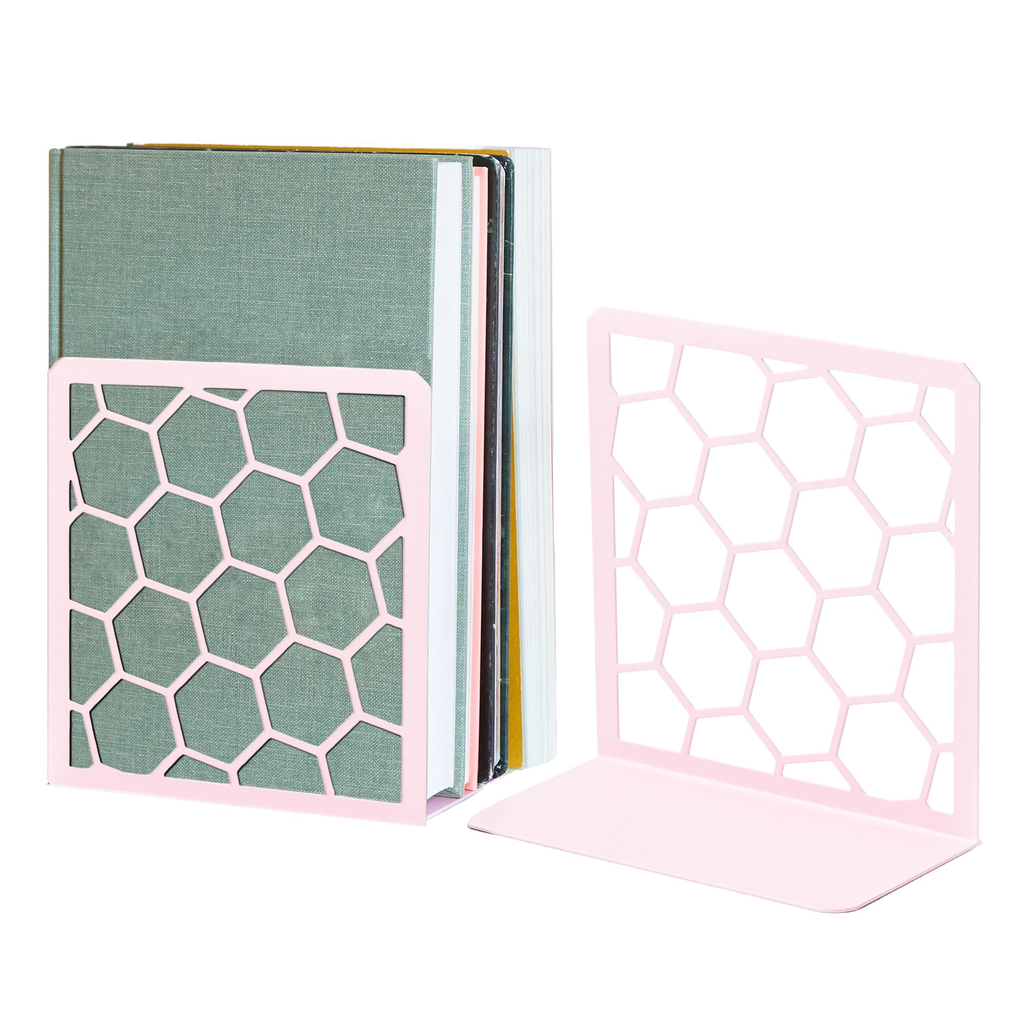 Premium Geometric Pink Honeycomb Bookends for Shelves, Metal Book Ends for Office, L-Shaped Book Stopper, Rustproof Bookends Dec
