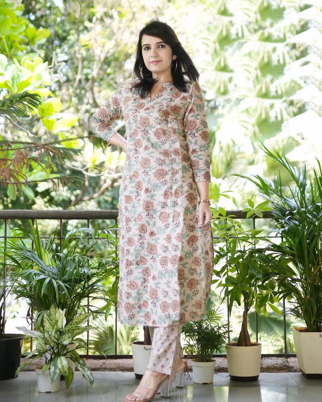Gosriki Women'S Cotton Blend Straight Printed Kurta With Pant (Wide Cream-Gs_L_Cream_Large),Cream,,B0CQPHFQ33