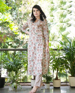 Gosriki Women'S Cotton Blend Straight Printed Kurta With Pant (Wide Cream-Gs_L_Cream_Large),Cream,,B0CQPHFQ33