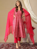Anni Designer Women'S Cotton Blend Printed Straight Kurta With Pant & Dupatta (Manchali-Rani-Nw_Xl_Pink_X-Large),Pink,XL,,,