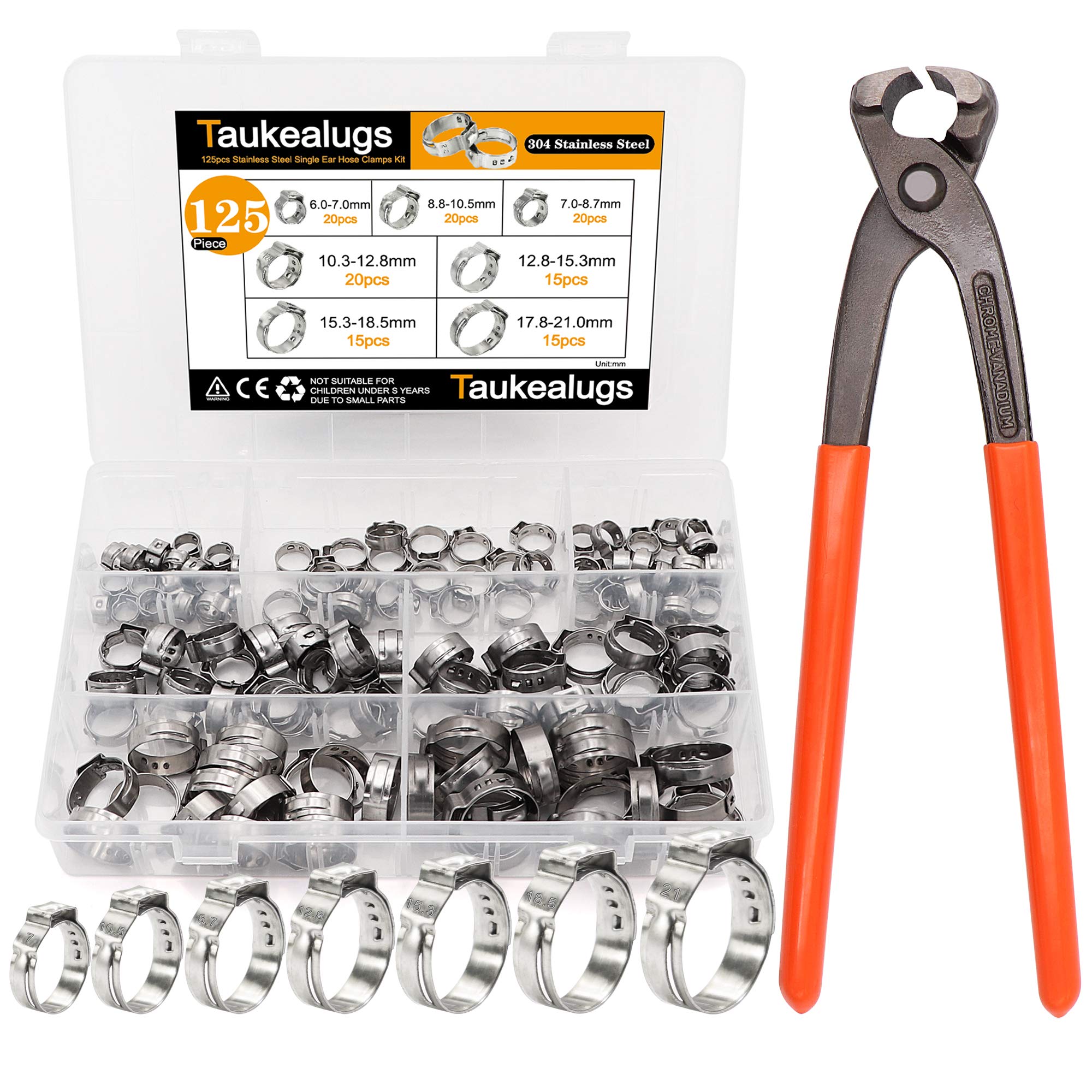 125Pcs 304 Stainless Steel Single Ear Hose Clamps 7 Sizes 6-21Mm With Ear Clamp Pincer 6-28.6Mm For Securing Pipe Hoses And Auto