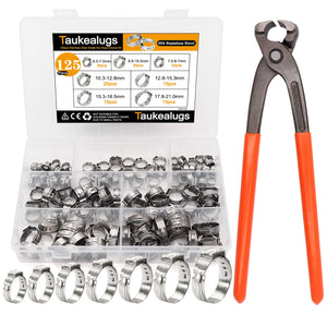 125Pcs 304 Stainless Steel Single Ear Hose Clamps 7 Sizes 6-21Mm With Ear Clamp Pincer 6-28.6Mm For Securing Pipe Hoses And Auto