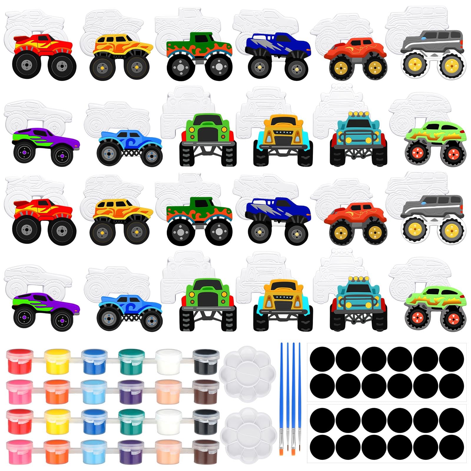 Simgoing 24 Pcs Ready to Paint Ceramic Monster Truck Ornaments Unpainted DIY Ceramic Painting Kit with 24 Acrylic Paints 4 Paint