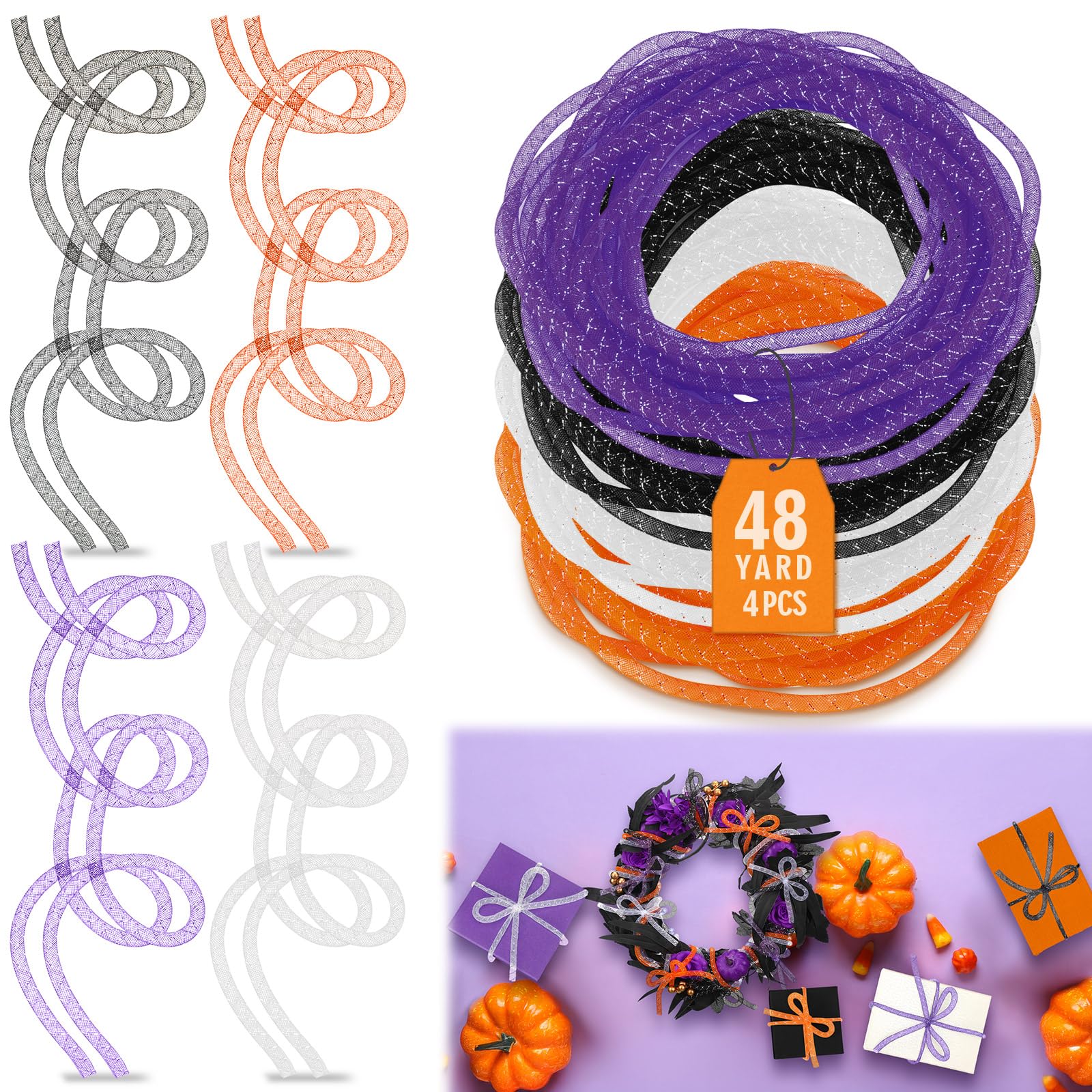 Arrowbash Set of 4 Halloween Mesh Tubing for Crafts 8 mm x 48 Yards Purple Orange Black and White Solid Mesh Tube Deco Flex for 