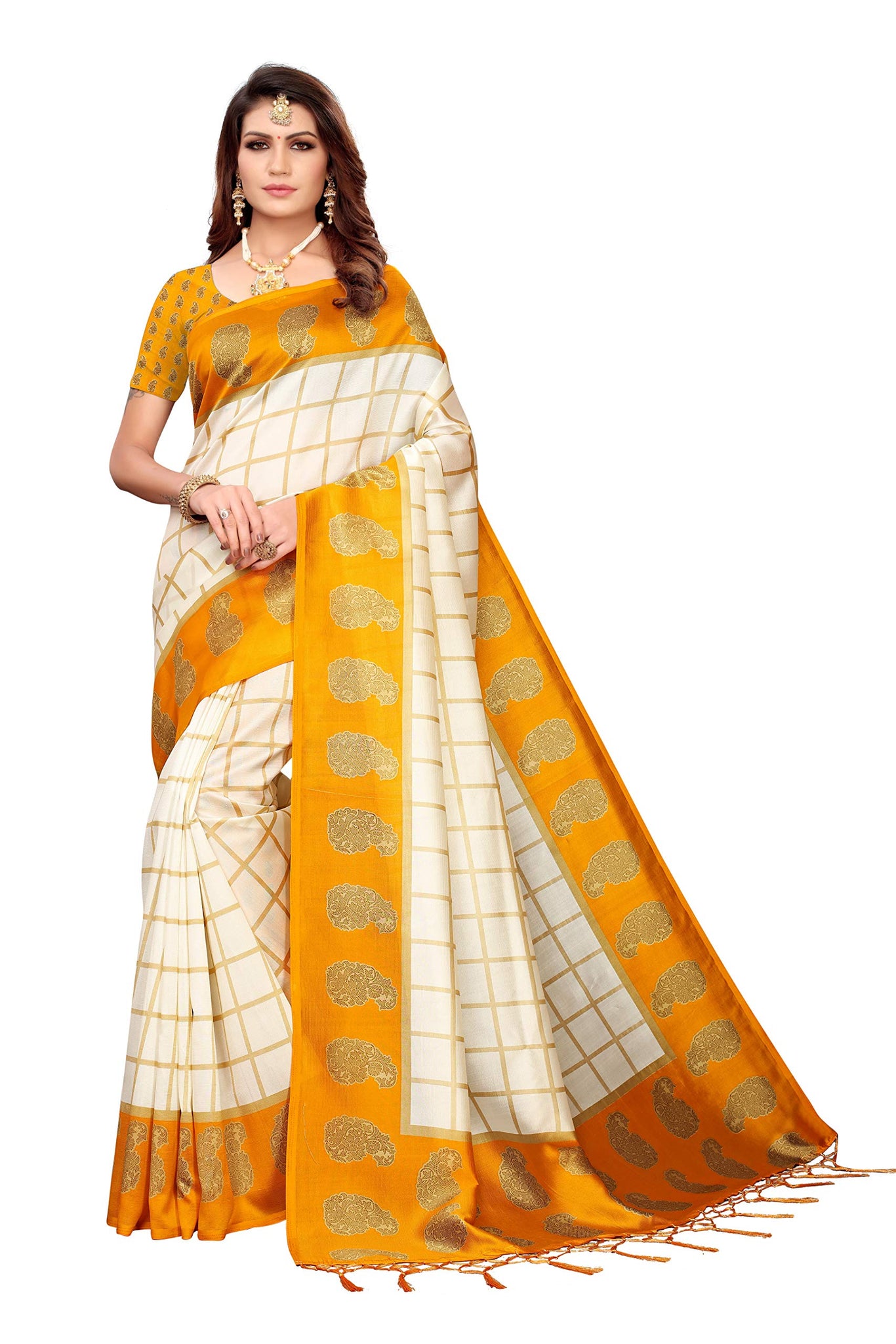 Anni Designer Womens Mustard Color Mysore Silk Printed Saree Border Tassels With Blouse Piece(Wedding-Patta-Mustard_Free Size),Mustard,FS