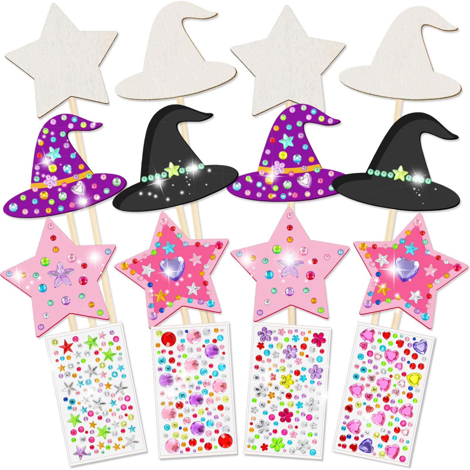 Juexica 12 Pcs Fairy Wands Kit Including 6 Unfinished Wood Star Wands, 6 Broom Sticks and 4 Sheets Gem Stickers for Witch and Pr
