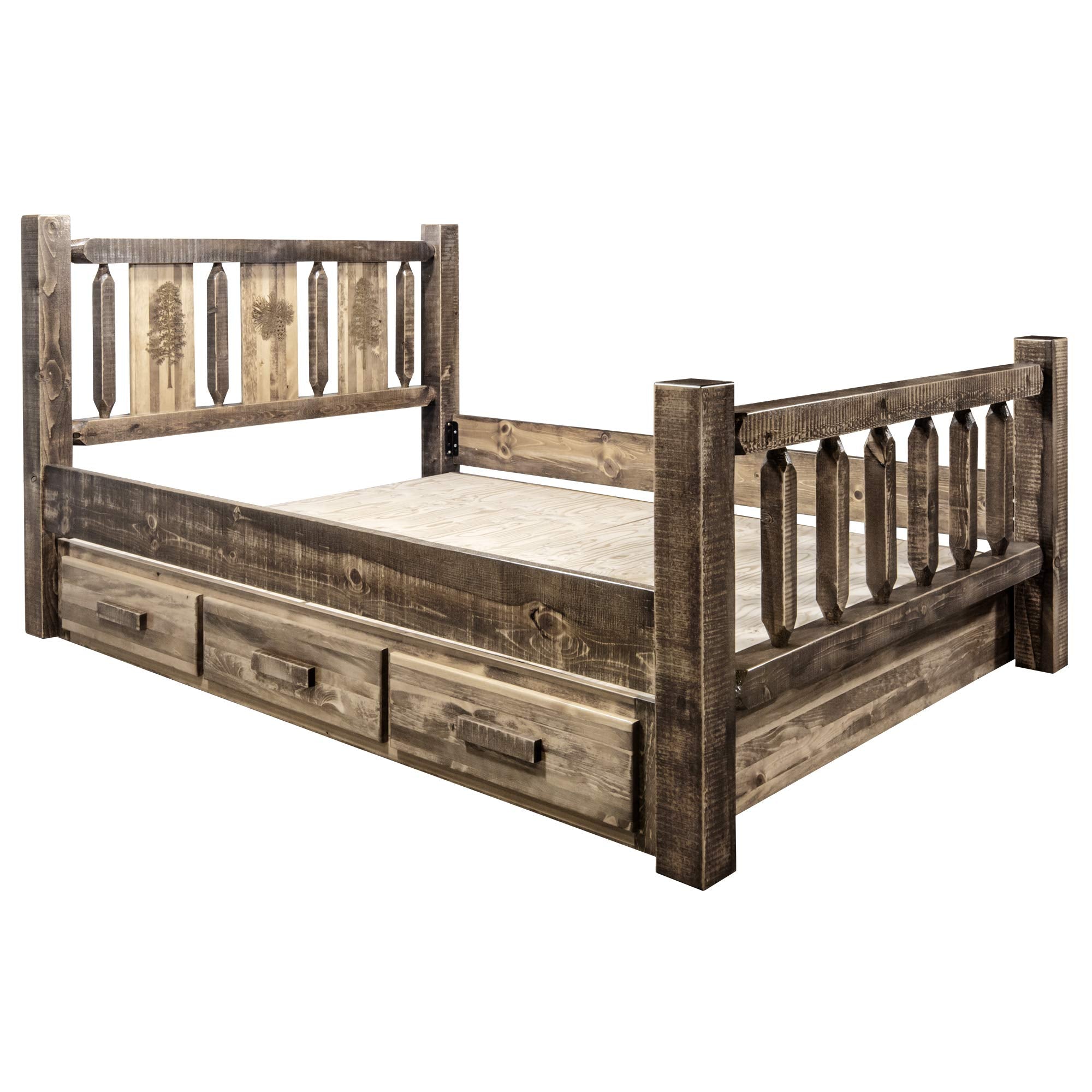 Montana Woodworks Homestead Collection Queen Storage Bed With Laser Engraved Pine Design, Stain & Clear Lacquer Finish