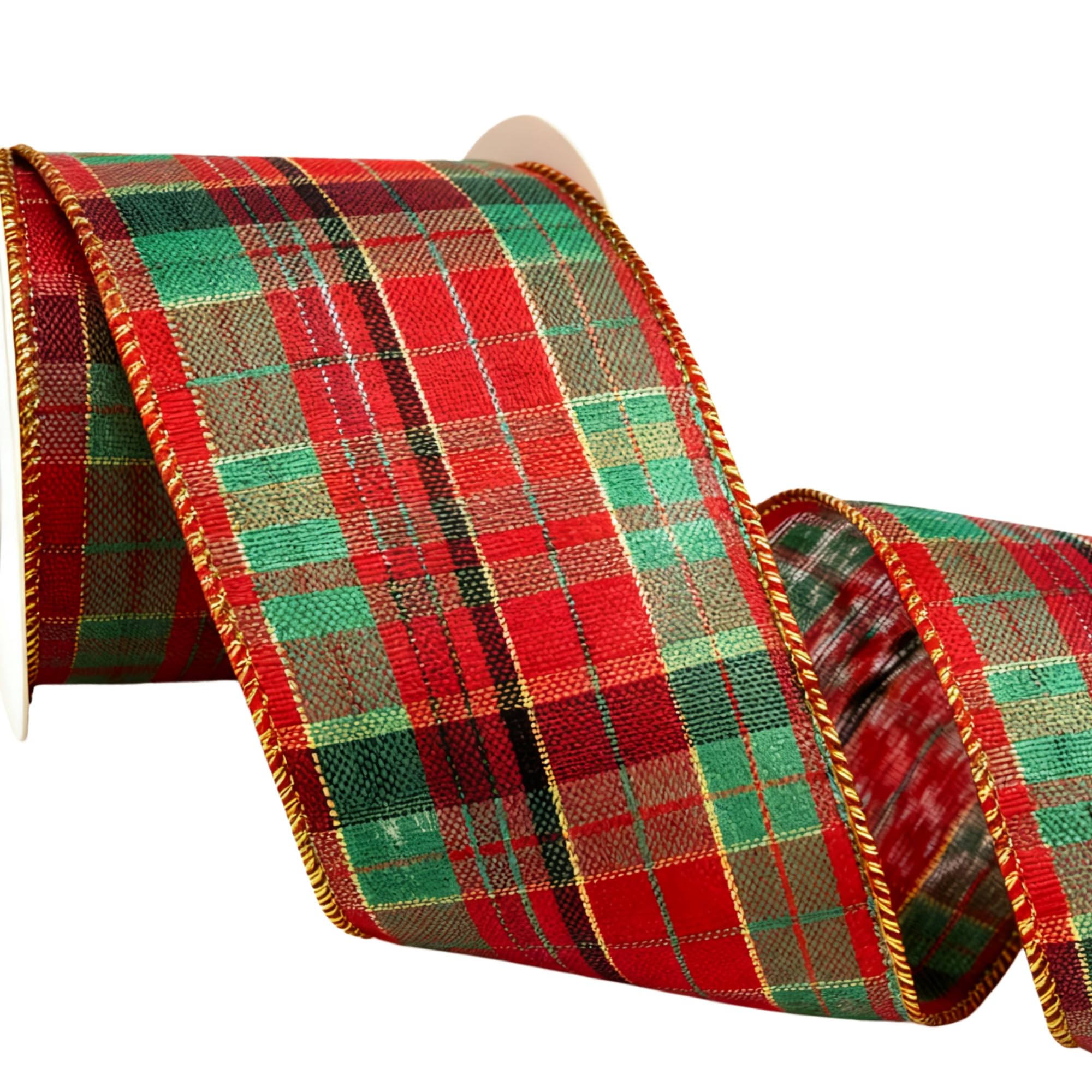 Meseey Christmas Red Green Gold Buffalo Plaid Ribbon 4 Inch x 10 Yards Tartan Check Wired Ribbon for Topper Bow,Wreath,Gift Wrap