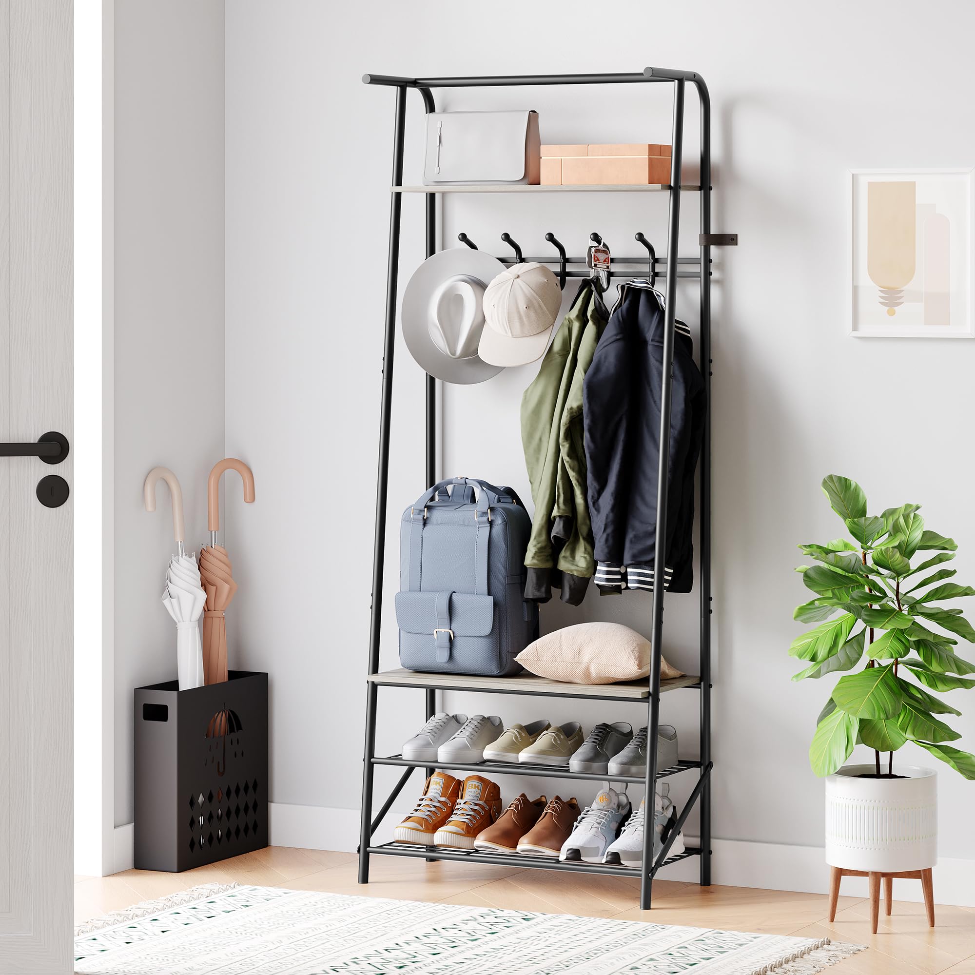 Hall Trees Entryway Bench with Storage, Multifunctional Hallway Organizer, Wood Look Accent Furniture with Metal Frame (Grey+Bla
