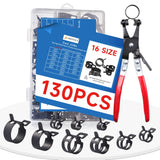 SEKSUALA 130Pcs 6-25mm Spring Hose Clamps Assortment Kit with Swivel Flat Hose Clamp Plier for Automotive, Plumbing & DIY Projec