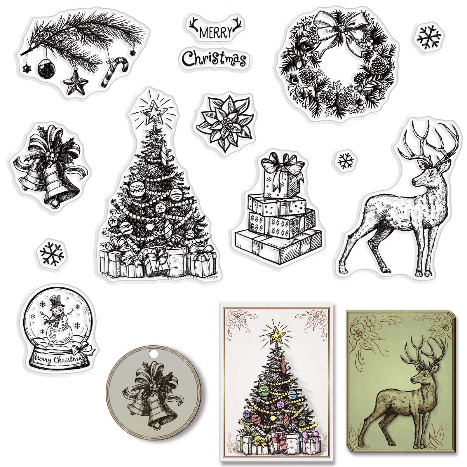 CRASPIRE Merry Christmas Silicone Clear Stamps Snowflake Gift Christmas Tree Snowman Elk Deer Clear Stamps for Card Making Decor