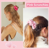 Satin Scrunchies Set of 12 - Elastic Silk Bubble for Girls, Pink Hair Accessories and Valentine's Day Gifts