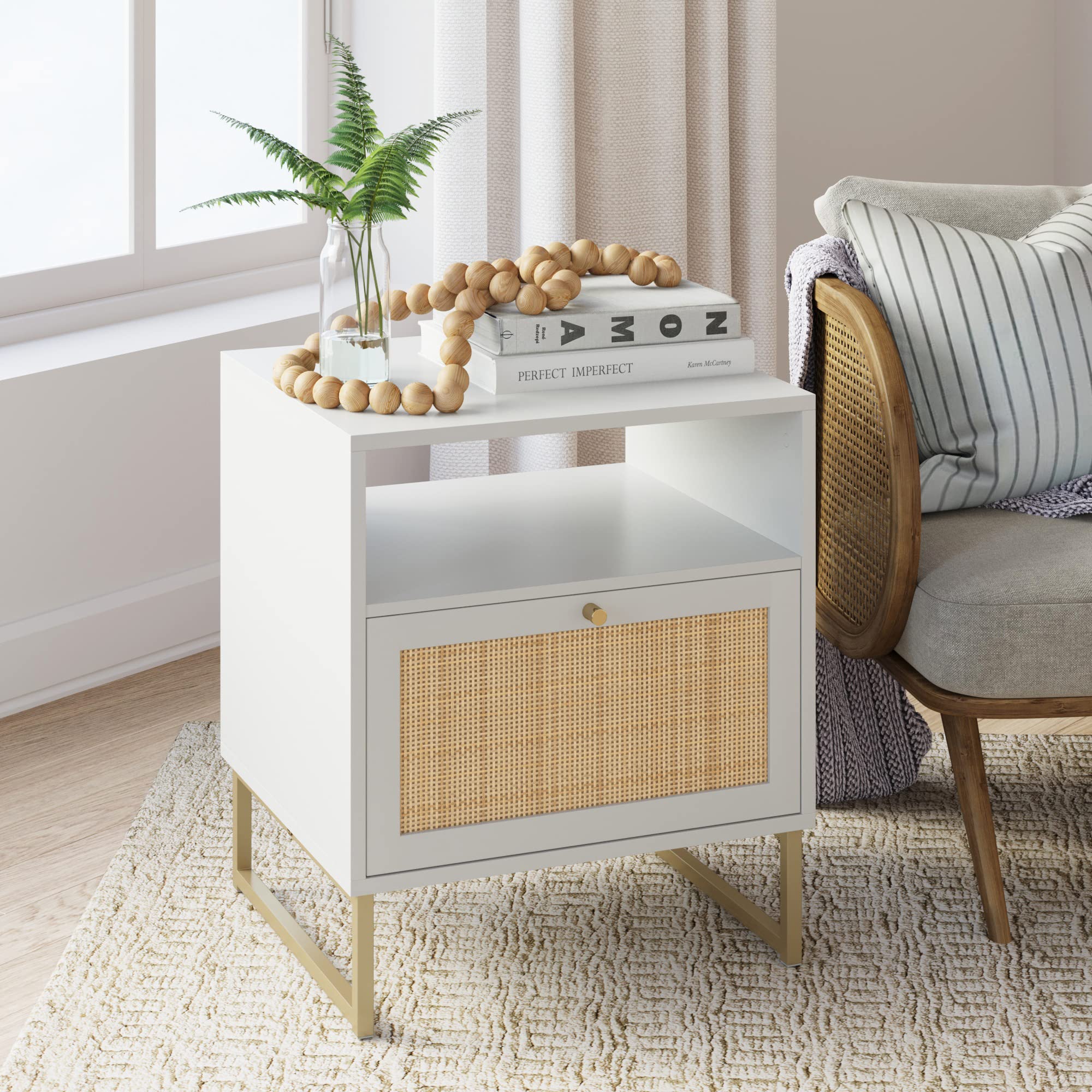 Nathan James Mina Side, End Or Accent Table With Natural Rattan Storage Door For Living Room Or Nightstand For Bedroom, White/Go